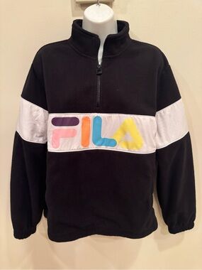 FILA Womens Black Fleece Pullover w/Colorblock Logo, 1/2 Zip & Center Pocket/EUC